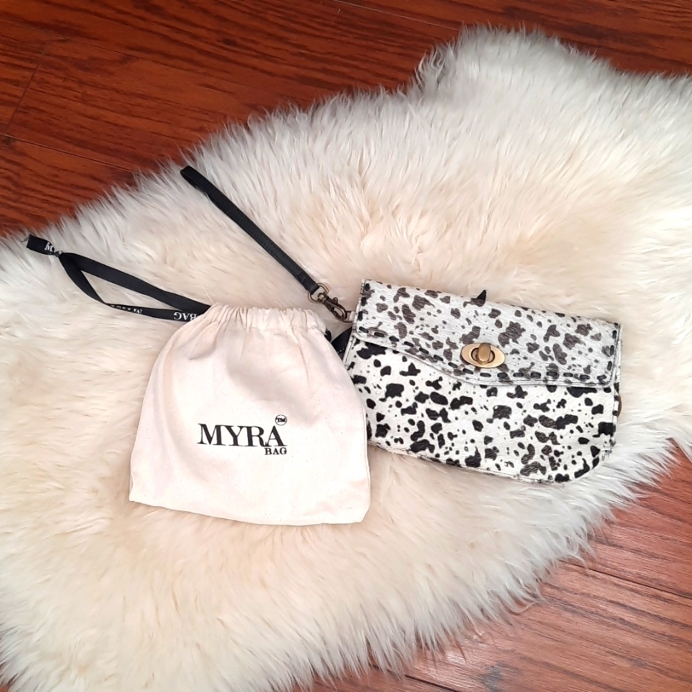MYRA Bag Frisky Black & White Cowhide Clutch Wristlet - Picture 1 of 7
